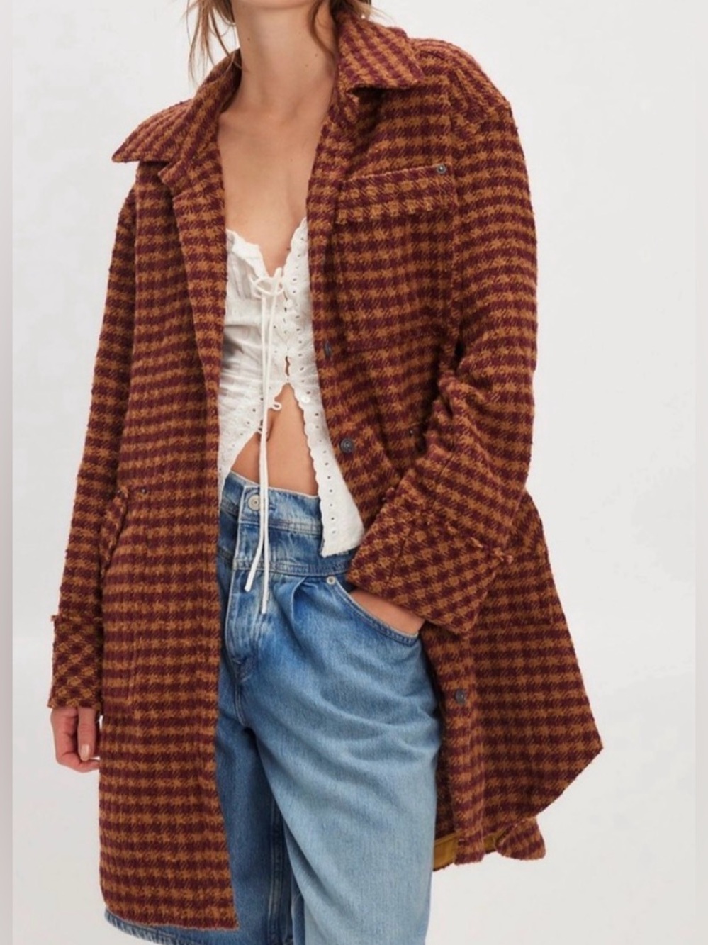 Free People We The Free Get Around Houndstooth Shirt. NWT. Burgundy